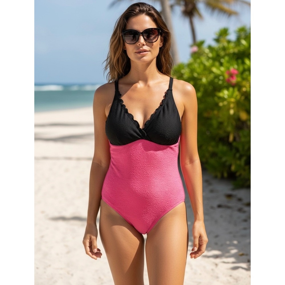NEW Cupshe Pink Black Plus Size 2XL Scalloped One Piece Swimsuit Textured